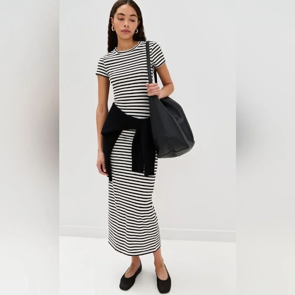 Nili Lotan Lucinda Dress Black and Ivory Stripes Tshirt Dress Medium